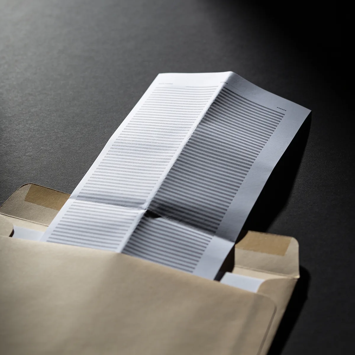 A printed credit report, folded, on a dark surface
