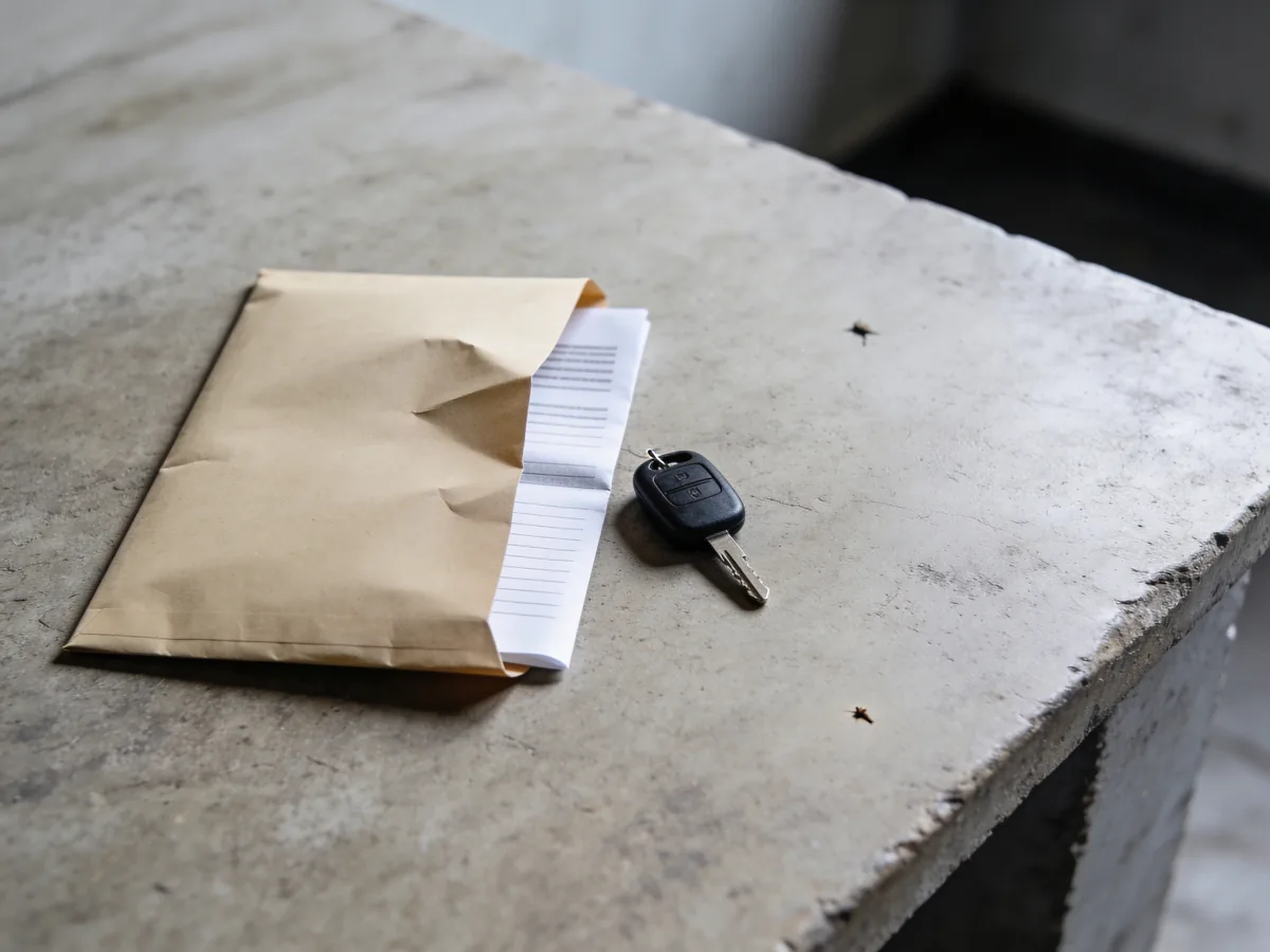 A set of keys and a registration envelope on a counter