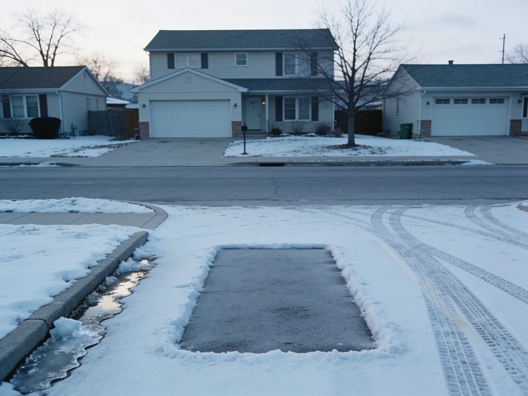 An empty parking space on a residential street in winter