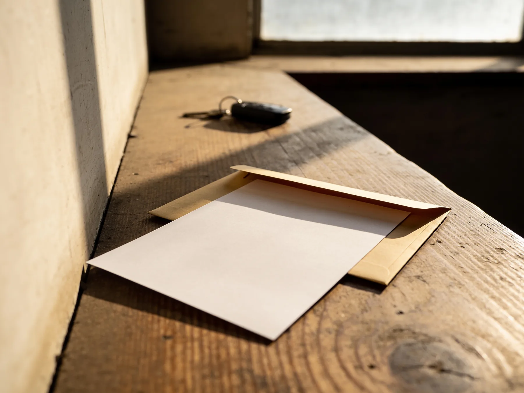 A set of keys and a registration envelope on a counter