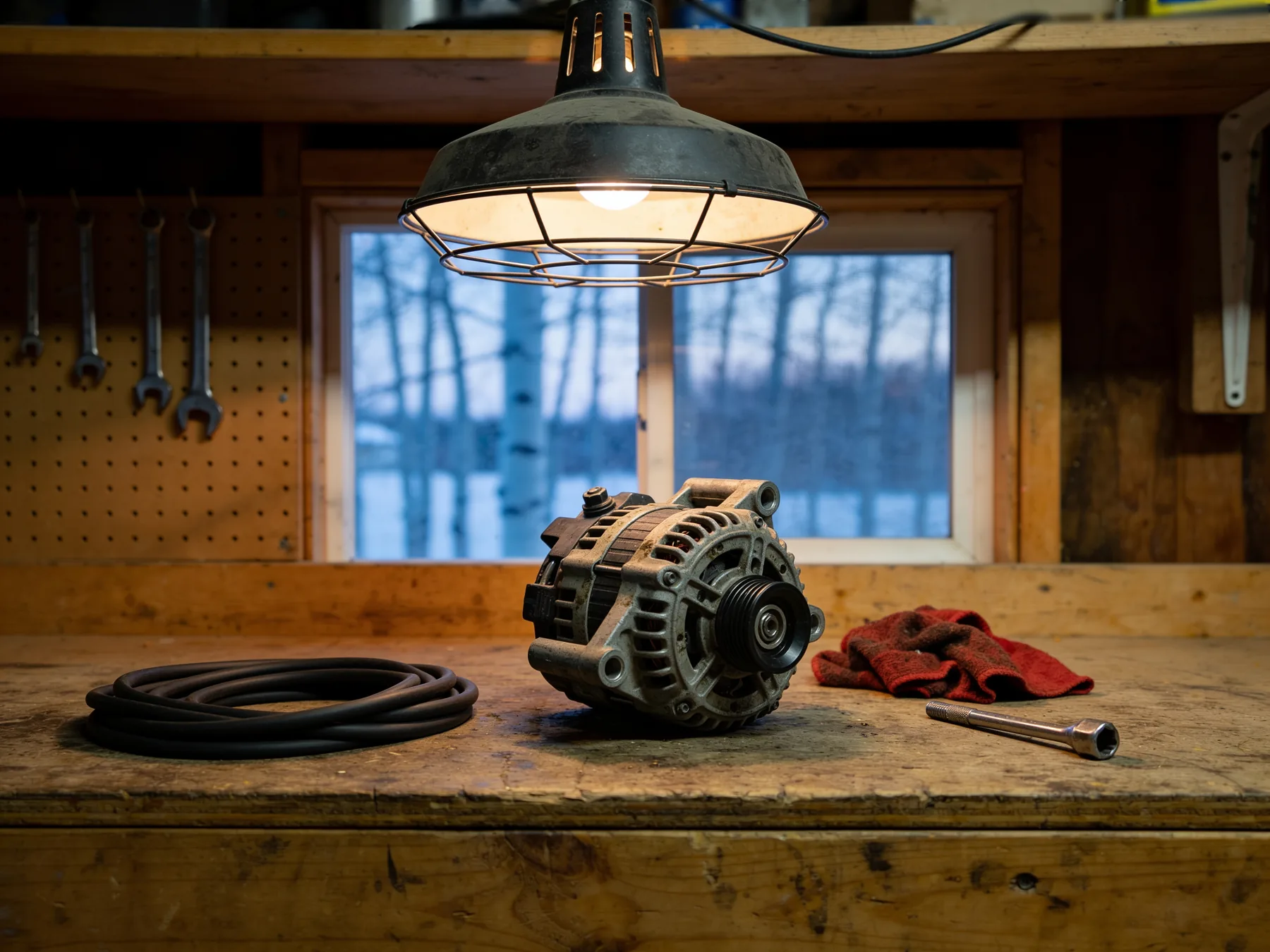 A worn alternator taken out of a car sits on a wooden garage workbench under a work lamp, with bare winter trees outside the window
