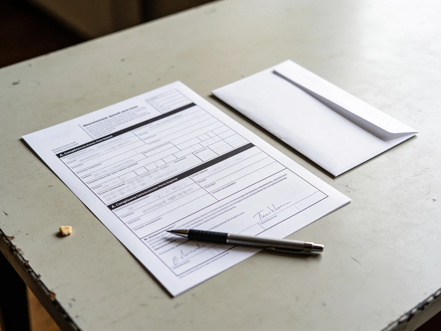 A completed paper form and an envelope on a table