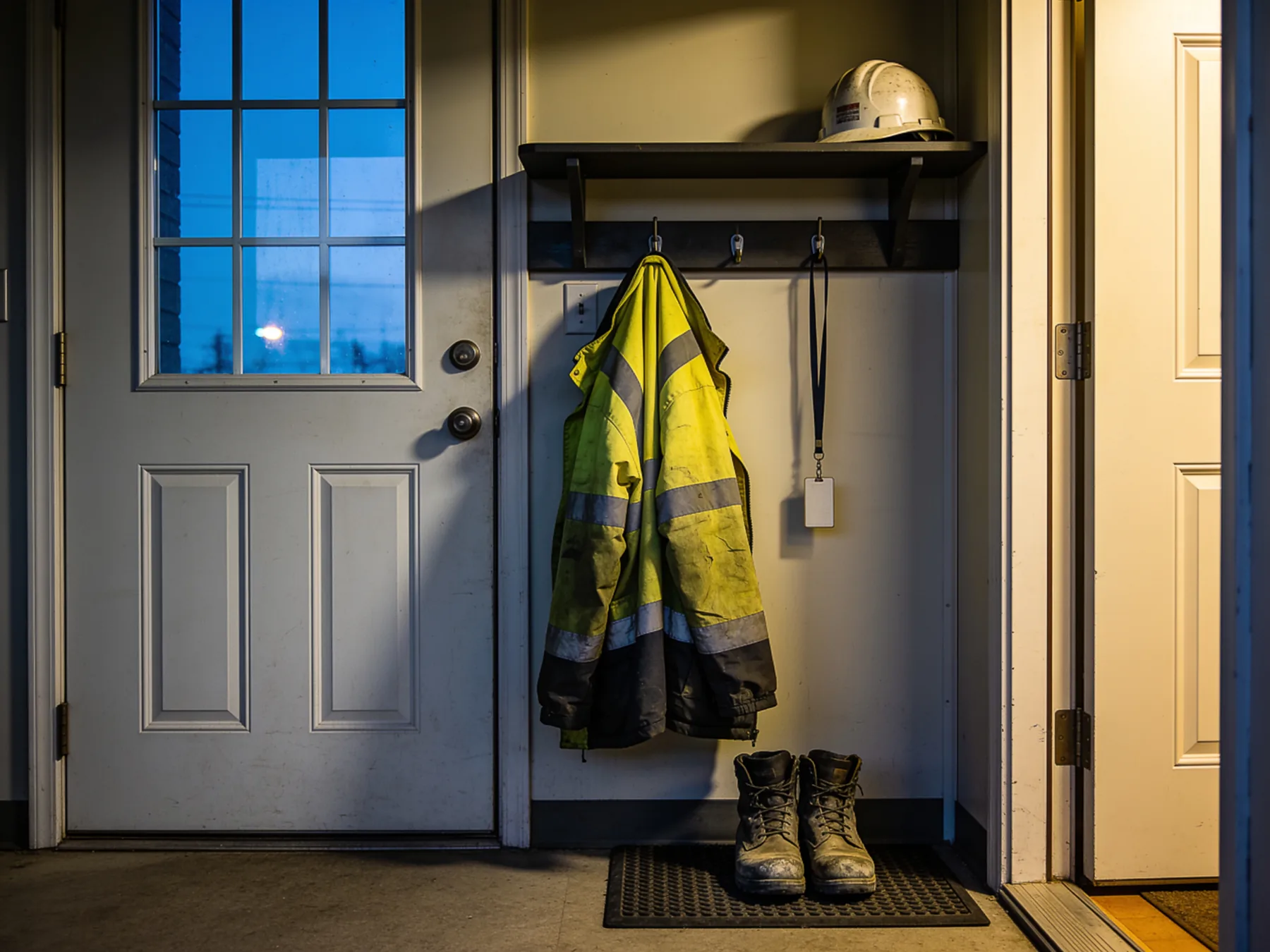 A high-visibility jacket hung on a hook by a door