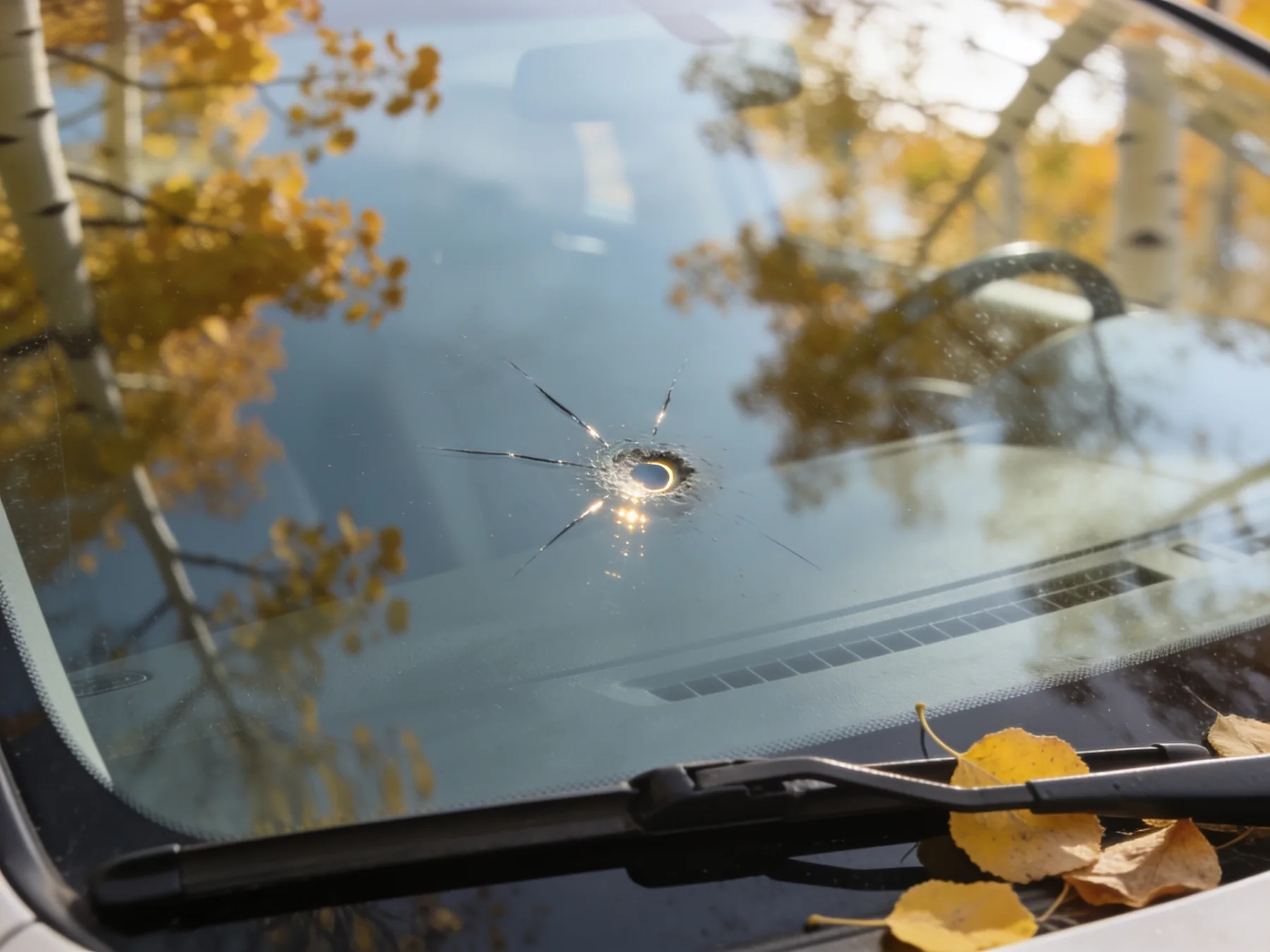 A small stone chip in a car windshield, with yellow autumn leaves caught under the wiper.