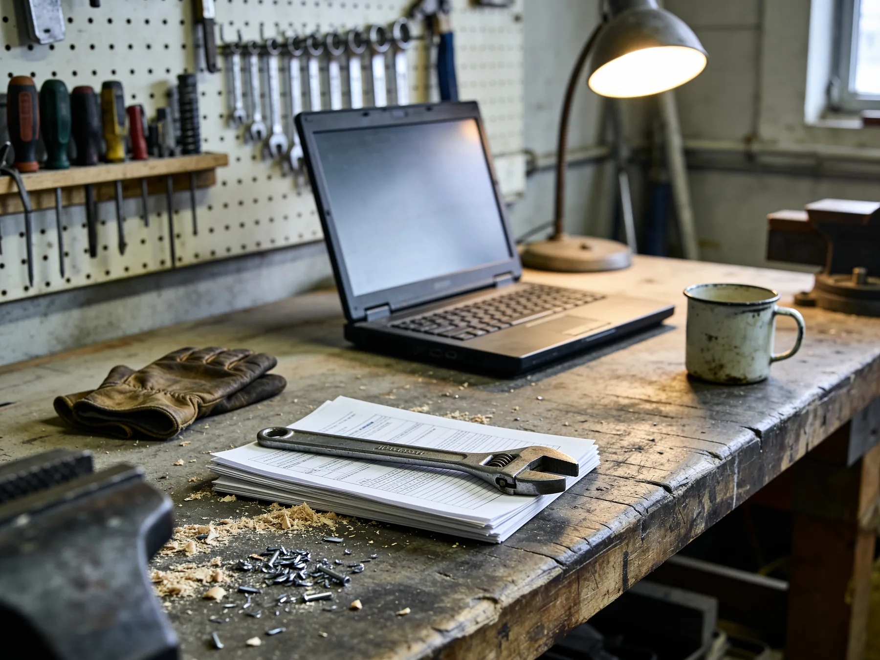 Tax paperwork and a laptop on a workshop bench