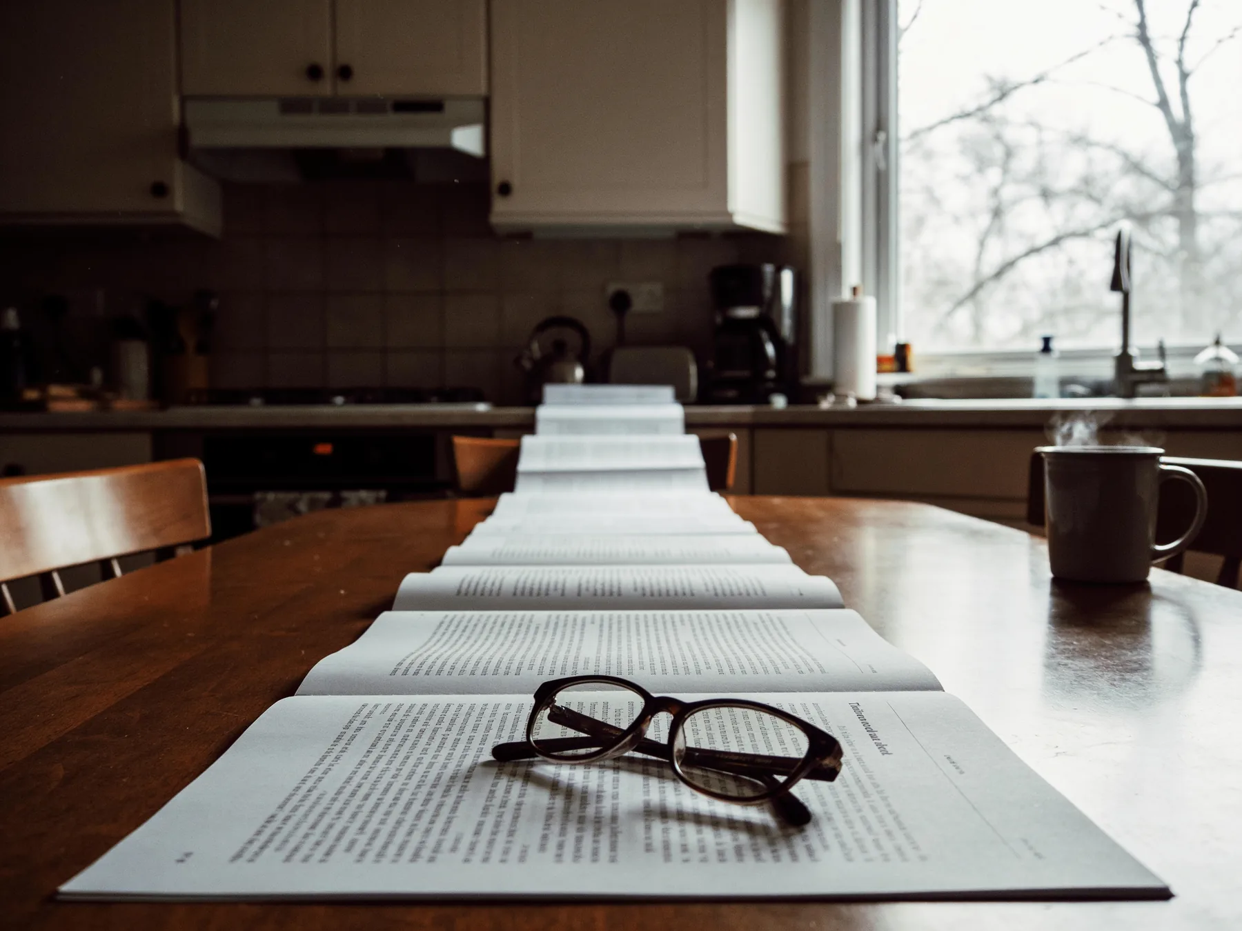 A multi-page printed document unfolded on a kitchen table in winter light