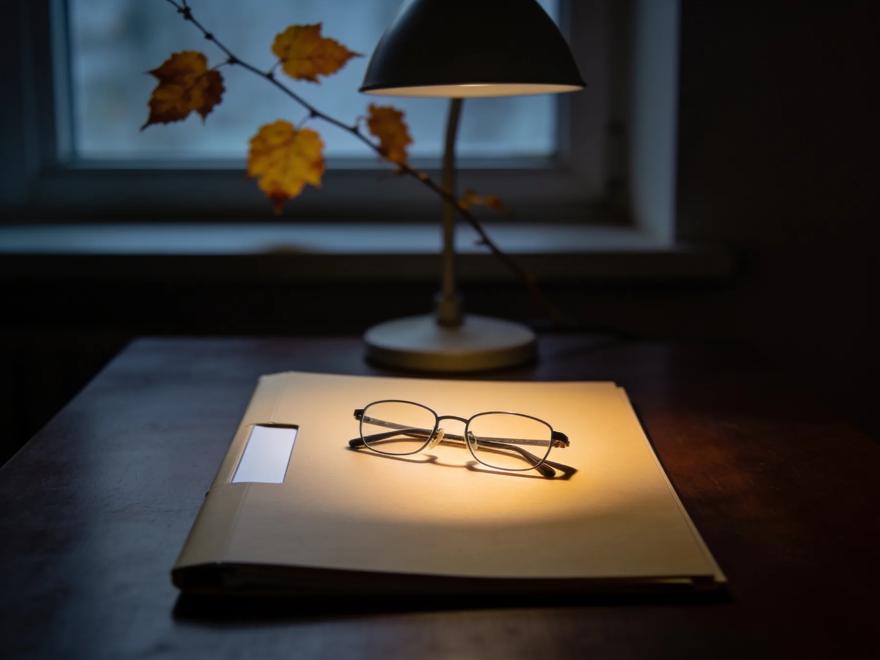 A closed file folder with a pair of reading glasses on it, under a desk lamp in the evening.
